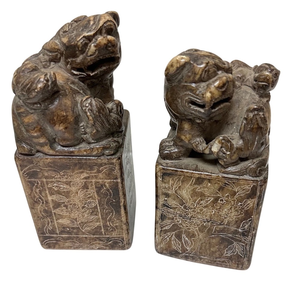Vintage Chinese Hand Carved Soapstone Foo Dog Guardian Lion Seal Chop Pair 5.25"